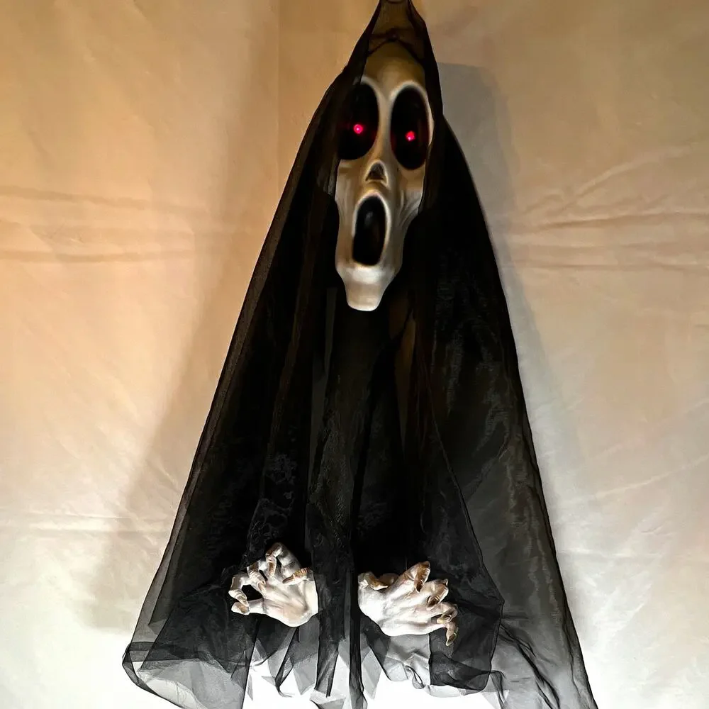 Grim Reaper Ghostface Scream Halloween Wall Hanging Red LED Eyes Black Gauze